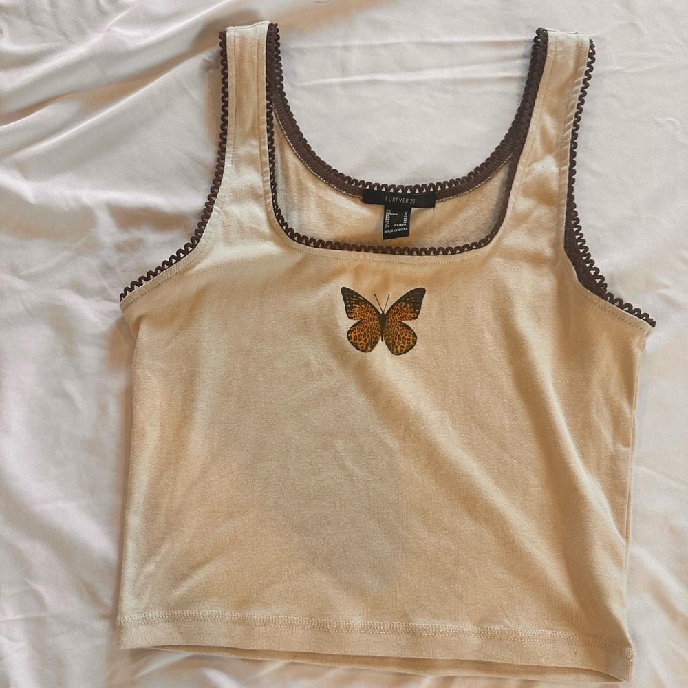 Forever 21 Cream Tank Top with Butterfly Accent